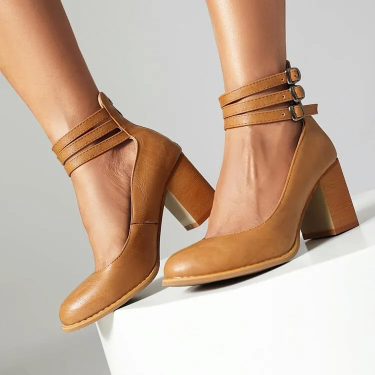 Women's Round Toe Ankle Straps Block High Heel Pumps