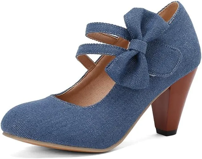 Women's Round Toe Bows Mary Jane High Heel Pumps