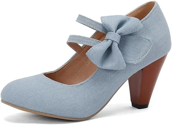 Women's Round Toe Bows Mary Jane High Heel Pumps