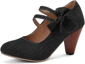 Women's Round Toe Bows Mary Jane High Heel Pumps