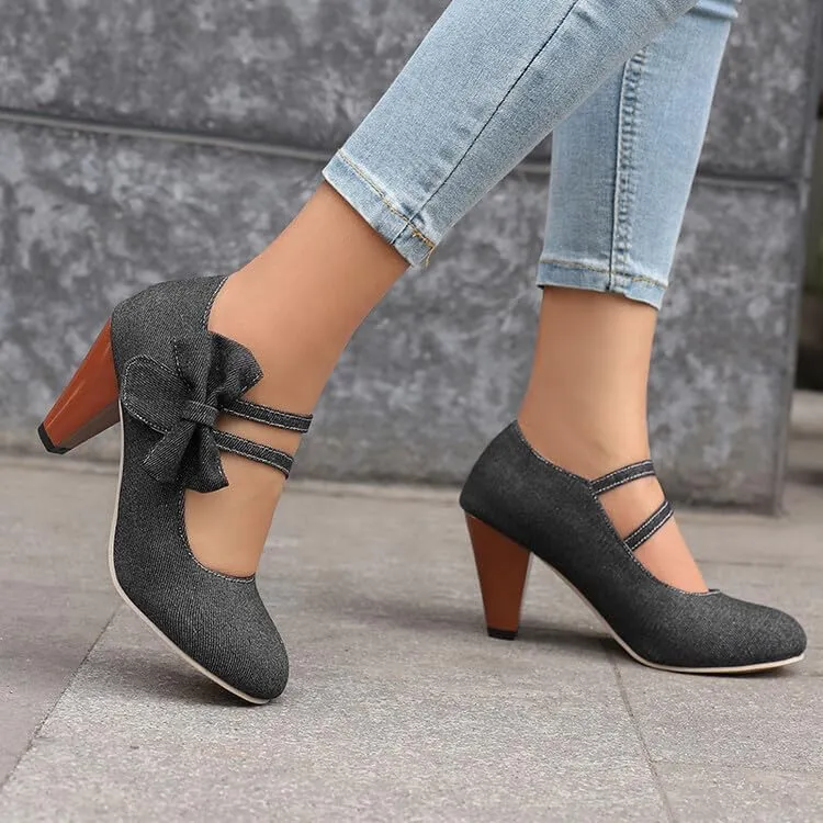 Women's Round Toe Bows Mary Jane High Heel Pumps