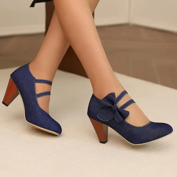 Women's Round Toe Bows Mary Jane High Heel Pumps