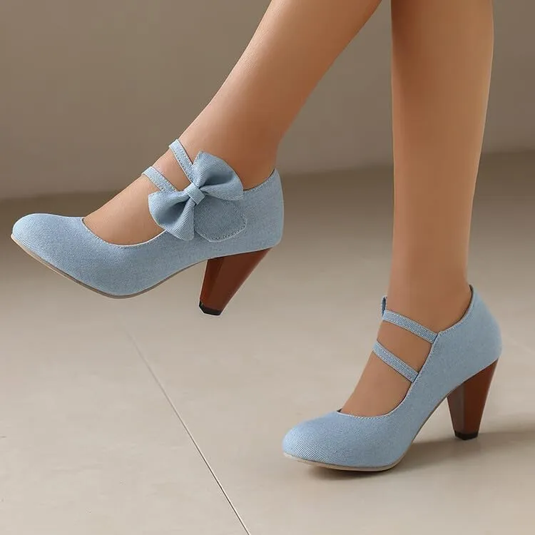 Women's Round Toe Bows Mary Jane High Heel Pumps