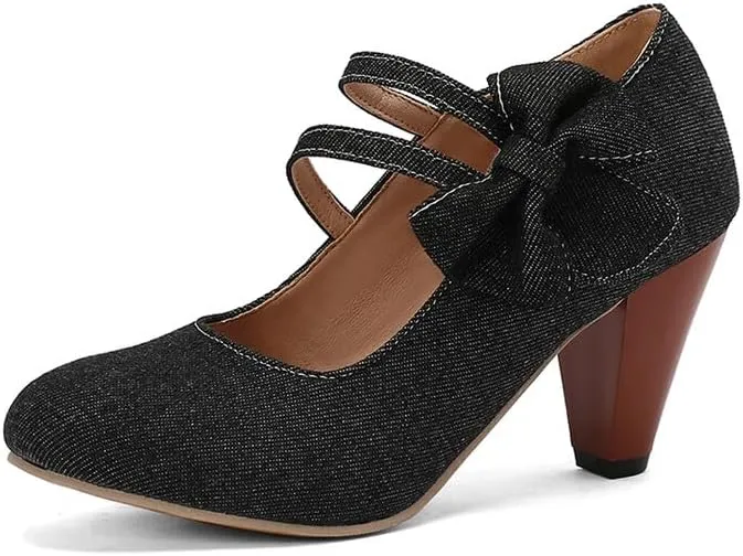 Women's Round Toe Bows Mary Jane High Heel Pumps
