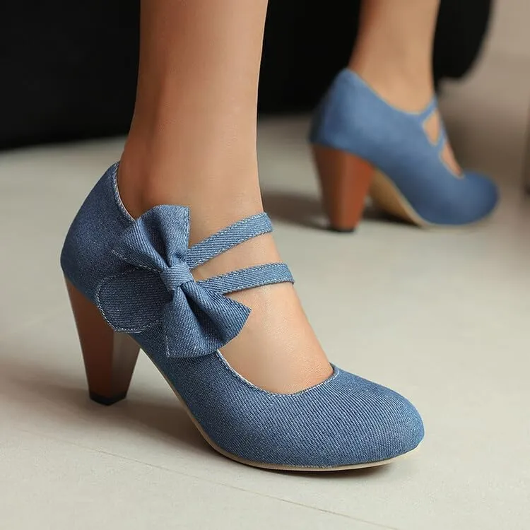 Women's Round Toe Bows Mary Jane High Heel Pumps