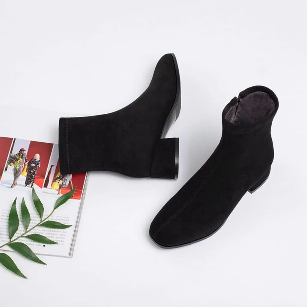 Women's Round Toe Dressy Ankle Booties Vegan Suede Side Zipper Block Low Heels Dress Short Boots