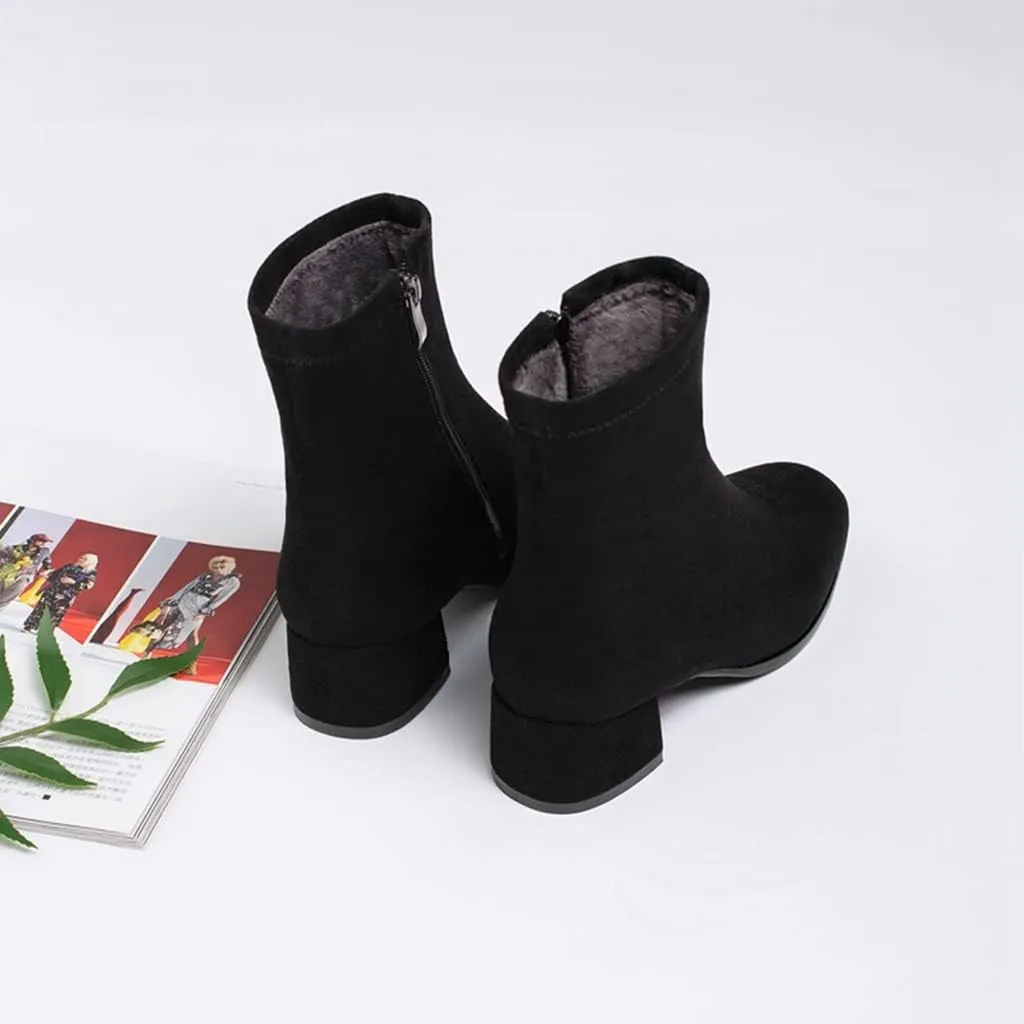 Women's Round Toe Dressy Ankle Booties Vegan Suede Side Zipper Block Low Heels Dress Short Boots