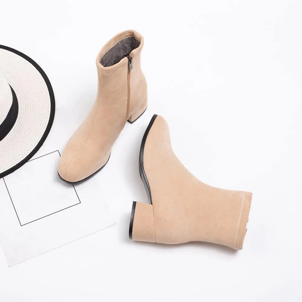 Women's Round Toe Dressy Ankle Booties Vegan Suede Side Zipper Block Low Heels Dress Short Boots