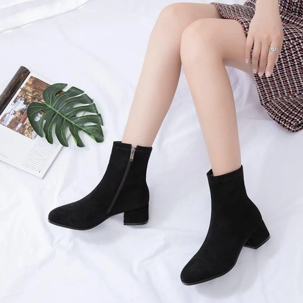 Women's Round Toe Dressy Ankle Booties Vegan Suede Side Zipper Block Low Heels Dress Short Boots
