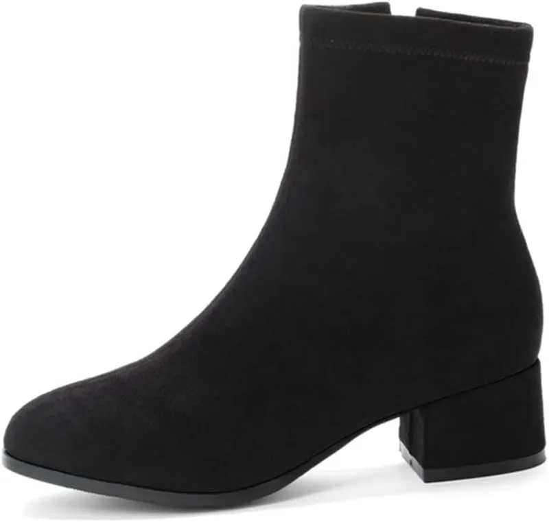 Women's Round Toe Dressy Ankle Booties Vegan Suede Side Zipper Block Low Heels Dress Short Boots
