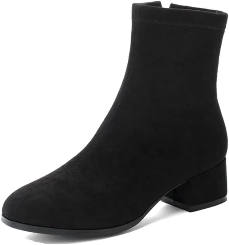 Women's Round Toe Dressy Ankle Booties Vegan Suede Side Zipper Block Low Heels Dress Short Boots