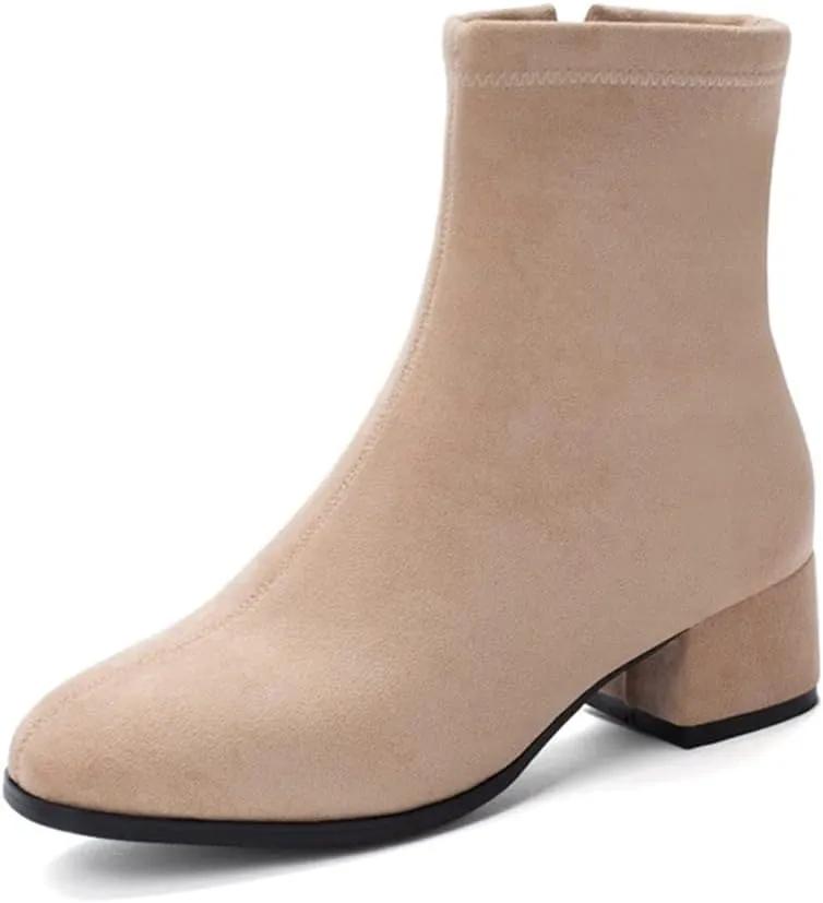 Women's Round Toe Dressy Ankle Booties Vegan Suede Side Zipper Block Low Heels Dress Short Boots