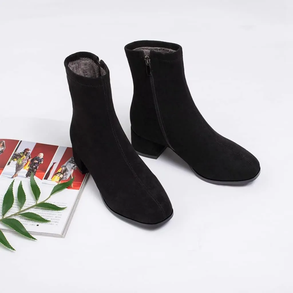 Women's Round Toe Dressy Ankle Booties Vegan Suede Side Zipper Block Low Heels Dress Short Boots