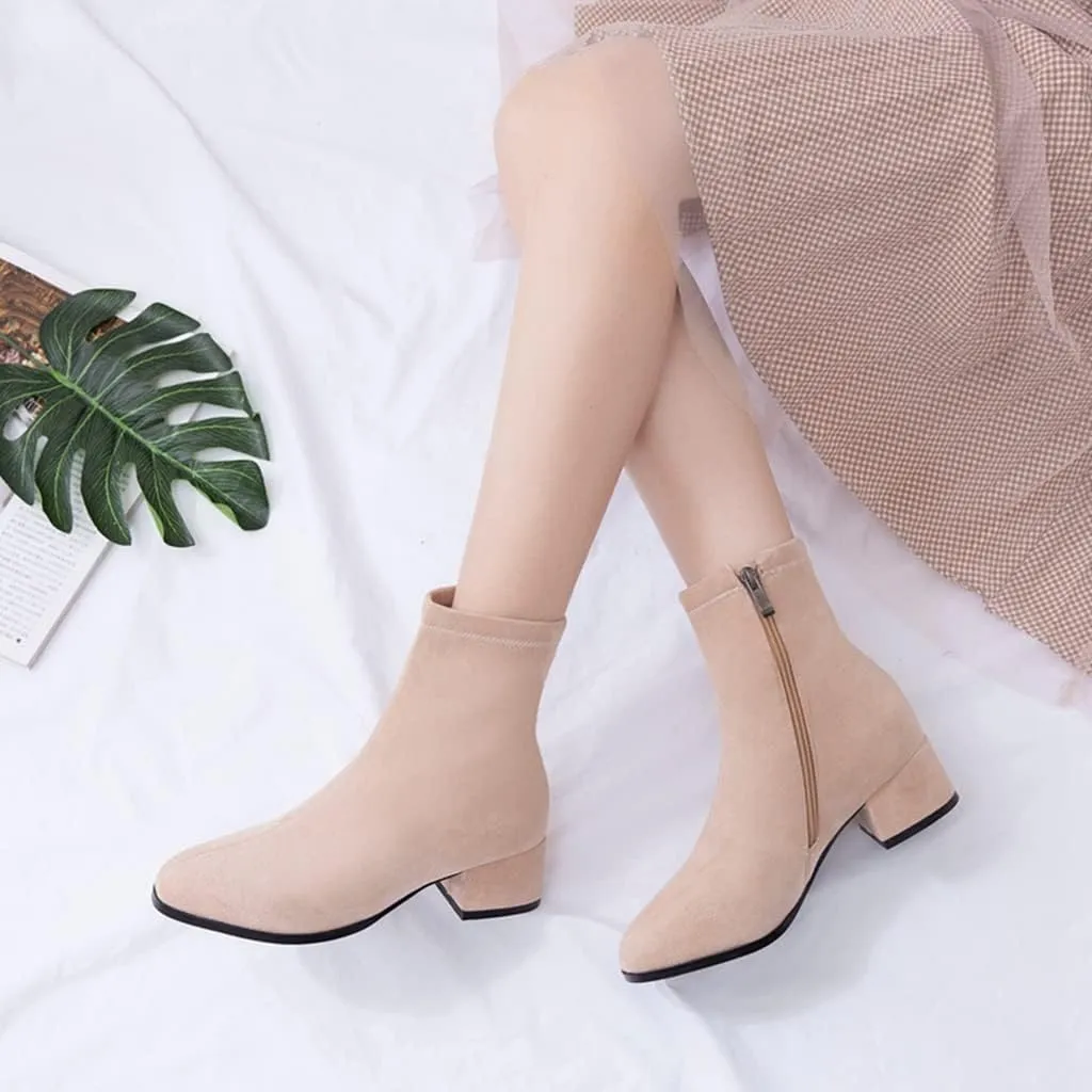 Women's Round Toe Dressy Ankle Booties Vegan Suede Side Zipper Block Low Heels Dress Short Boots