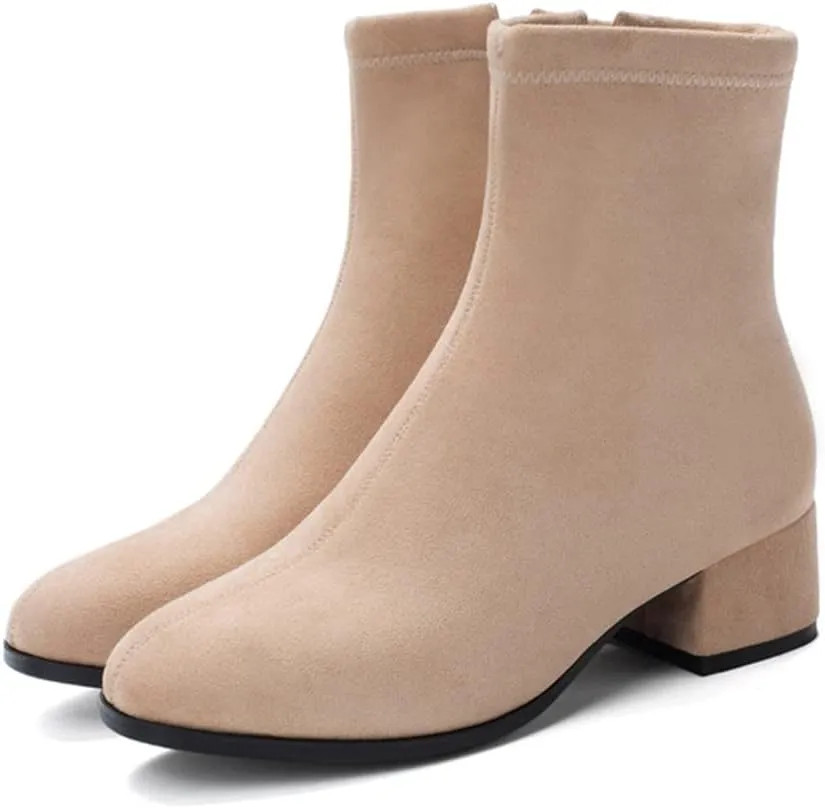 Women's Round Toe Dressy Ankle Booties Vegan Suede Side Zipper Block Low Heels Dress Short Boots
