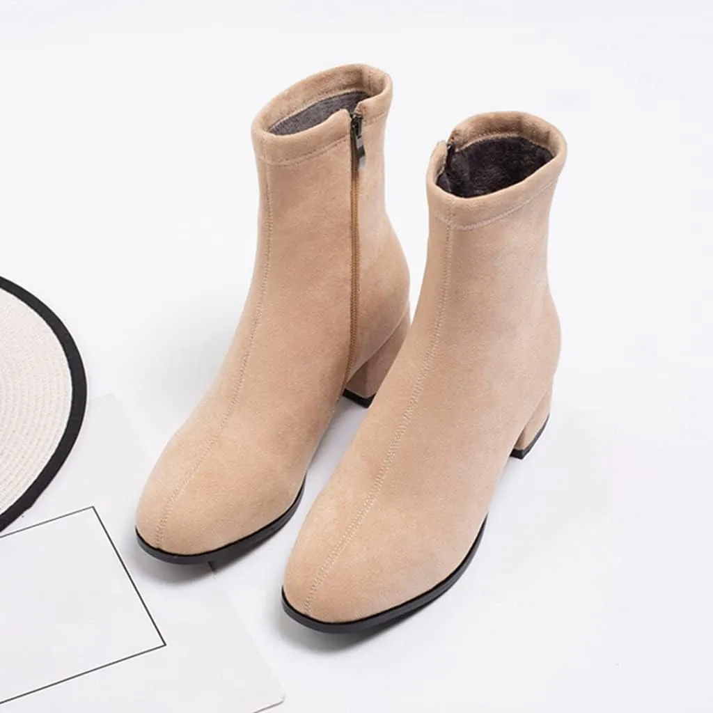 Women's Round Toe Dressy Ankle Booties Vegan Suede Side Zipper Block Low Heels Dress Short Boots