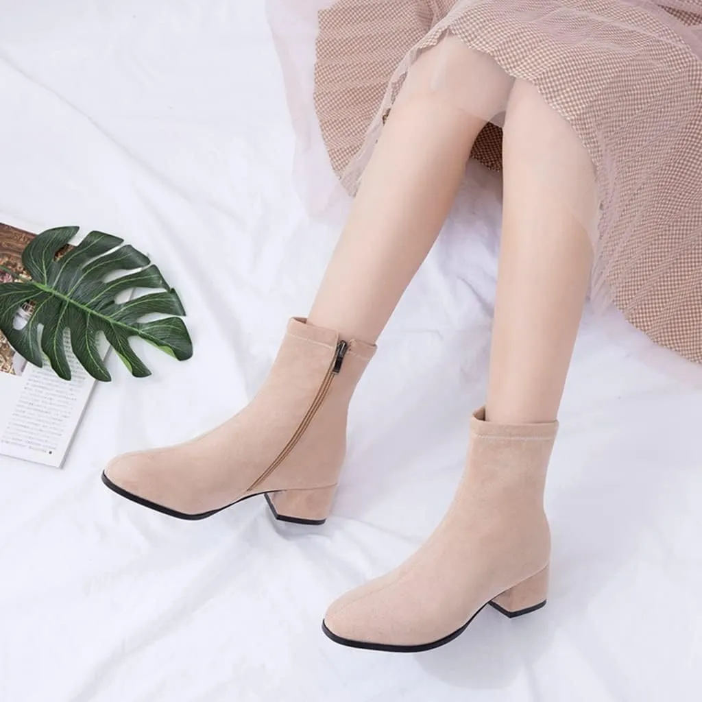 Women's Round Toe Dressy Ankle Booties Vegan Suede Side Zipper Block Low Heels Dress Short Boots