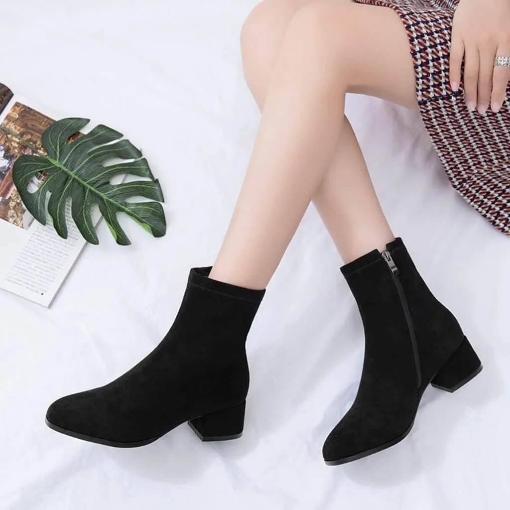 Women's Round Toe Dressy Ankle Booties Vegan Suede Side Zipper Block Low Heels Dress Short Boots