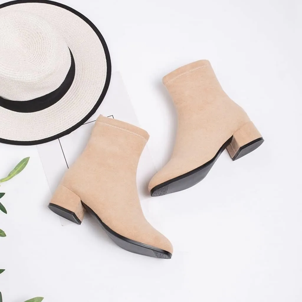 Women's Round Toe Dressy Ankle Booties Vegan Suede Side Zipper Block Low Heels Dress Short Boots