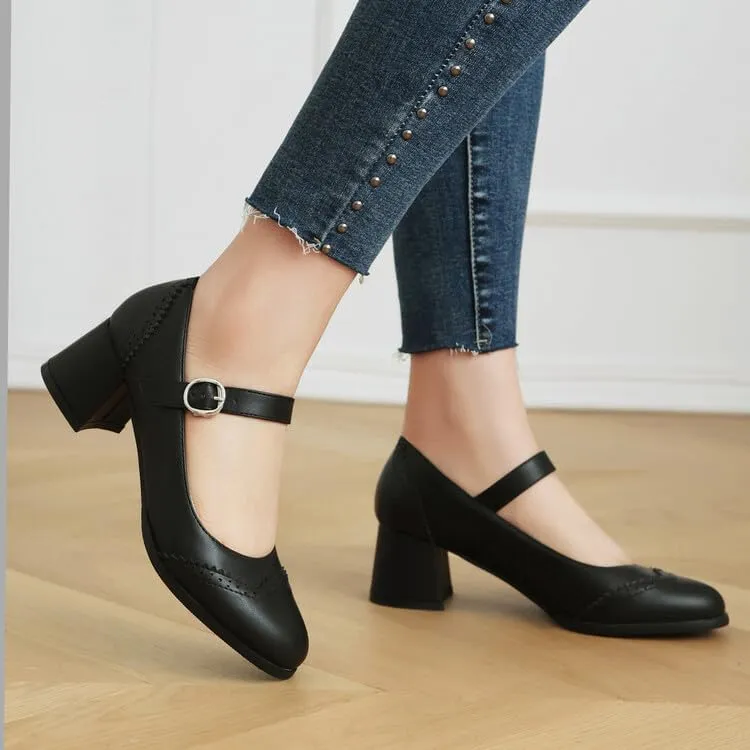 Women's Round Toe Mary Janes Block Heel Pumps