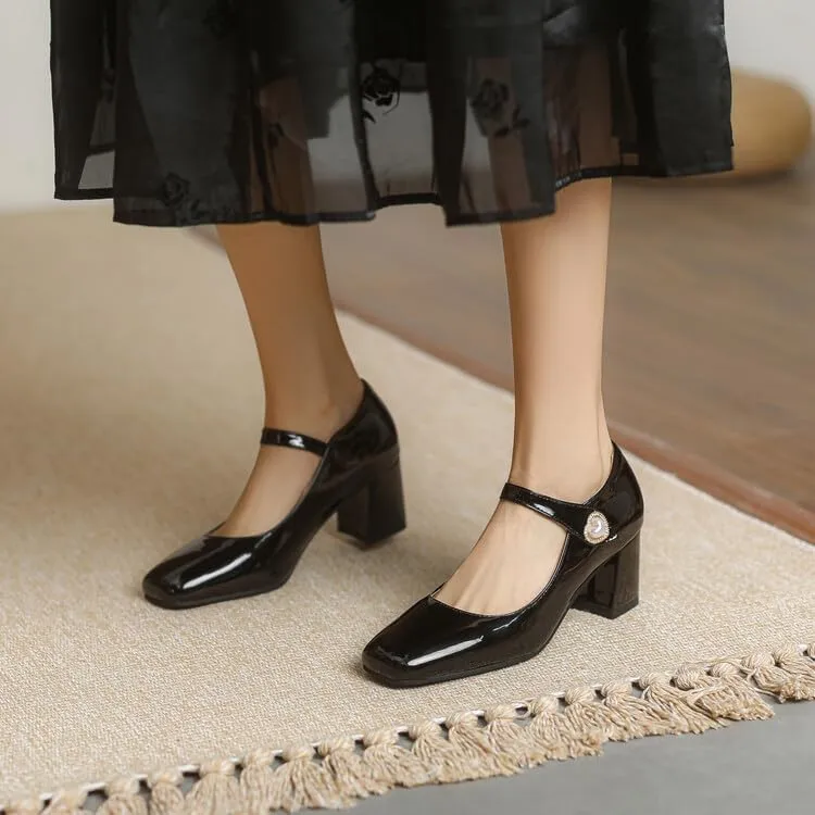 Women's Shiny Pearl Square Toe Mary Janes High Heel Pumps