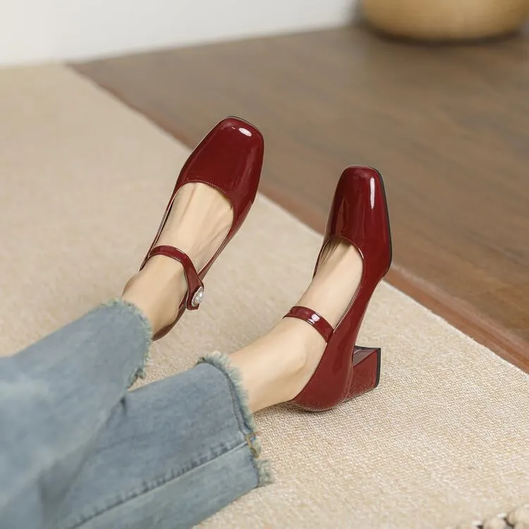 Women's Shiny Pearl Square Toe Mary Janes High Heel Pumps