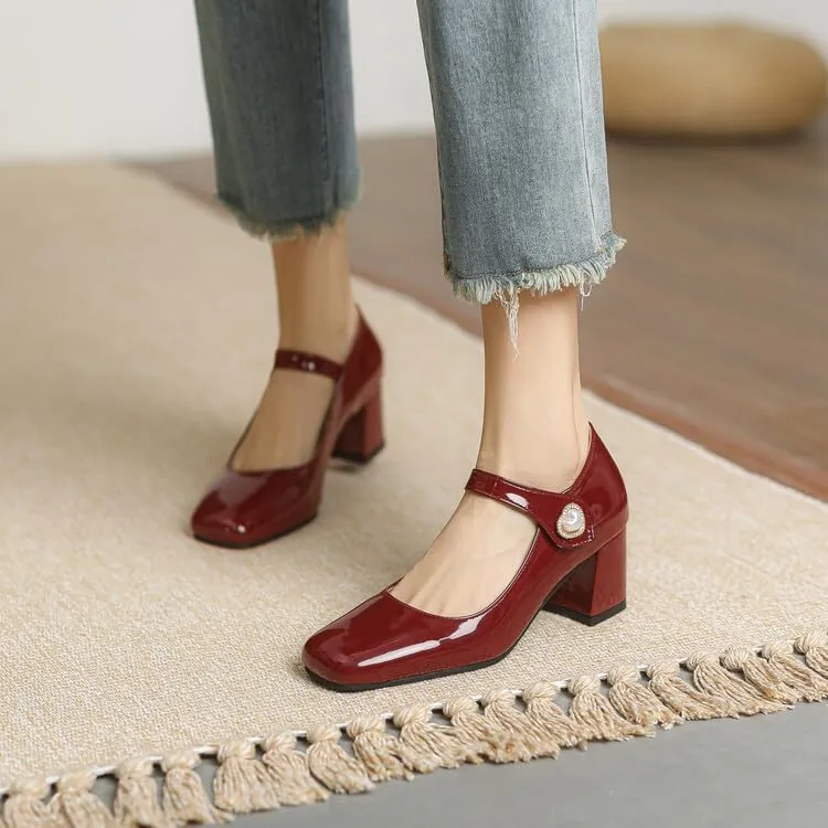 Women's Shiny Pearl Square Toe Mary Janes High Heel Pumps