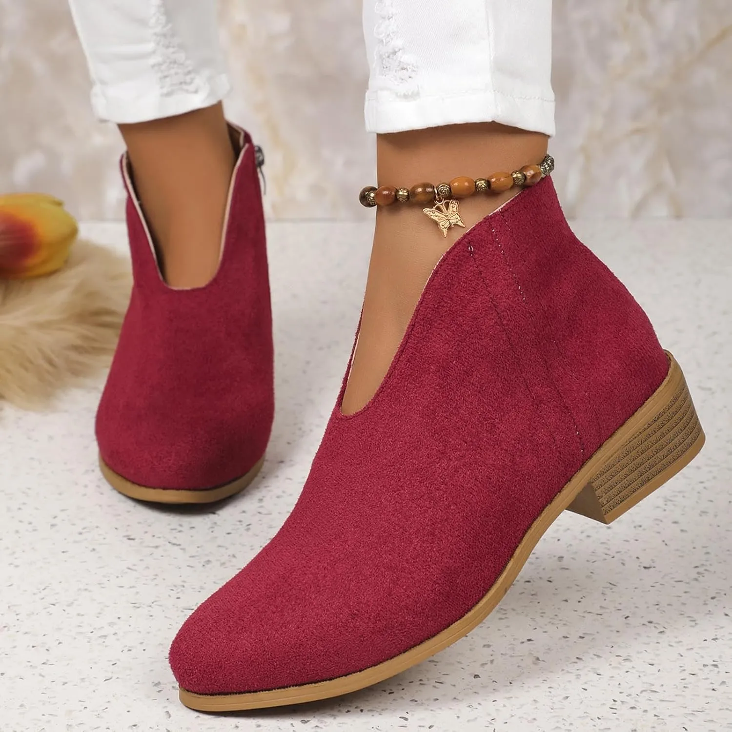 Women's Slip On Shoes Ankle Boots Fashion Solid Suede Front V Side Zipper Block Heel Round Toe Dress Sock Booties