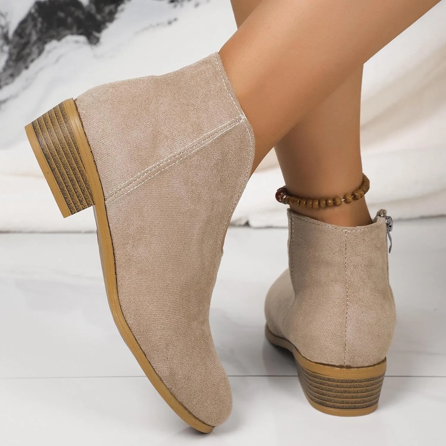 Women's Slip On Shoes Ankle Boots Fashion Solid Suede Front V Side Zipper Block Heel Round Toe Dress Sock Booties