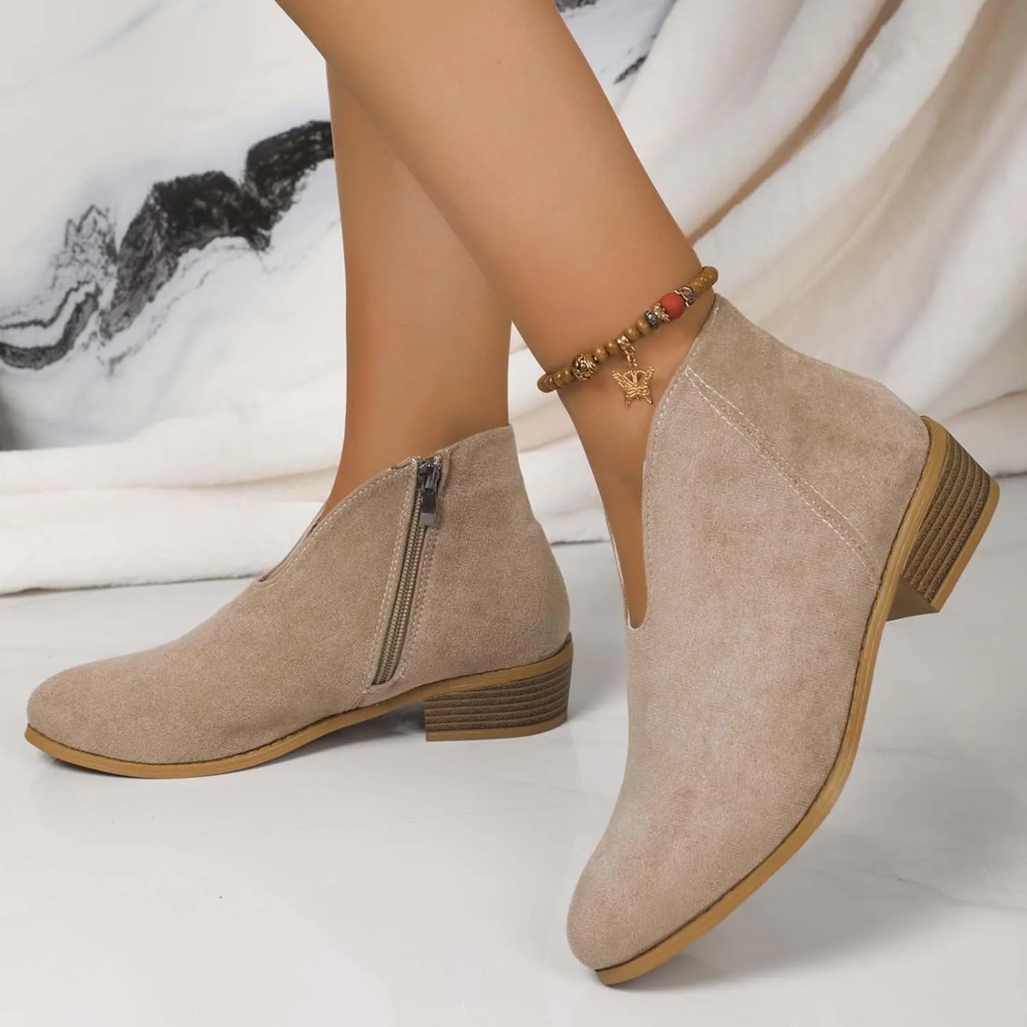 Women's Slip On Shoes Ankle Boots Fashion Solid Suede Front V Side Zipper Block Heel Round Toe Dress Sock Booties
