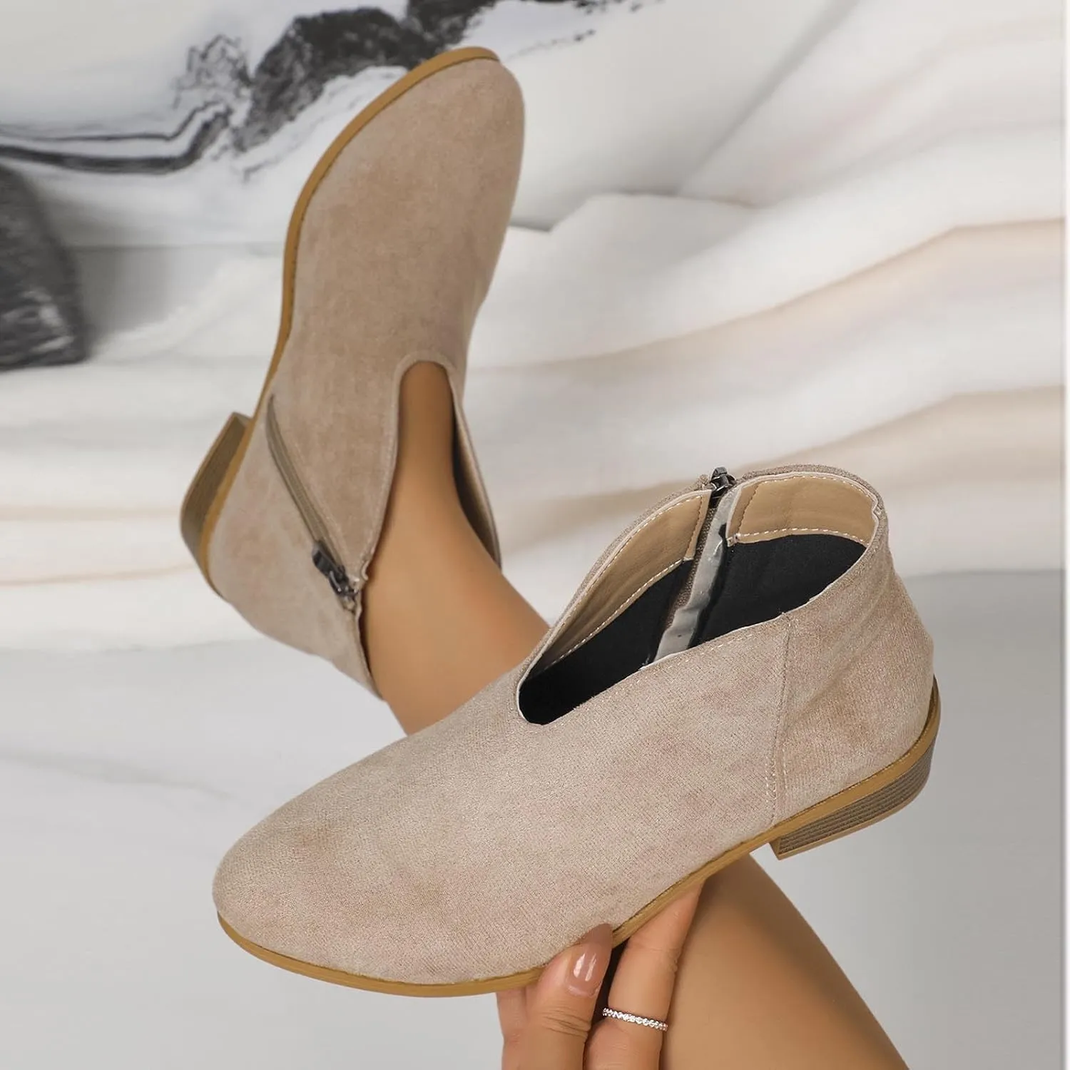 Women's Slip On Shoes Ankle Boots Fashion Solid Suede Front V Side Zipper Block Heel Round Toe Dress Sock Booties