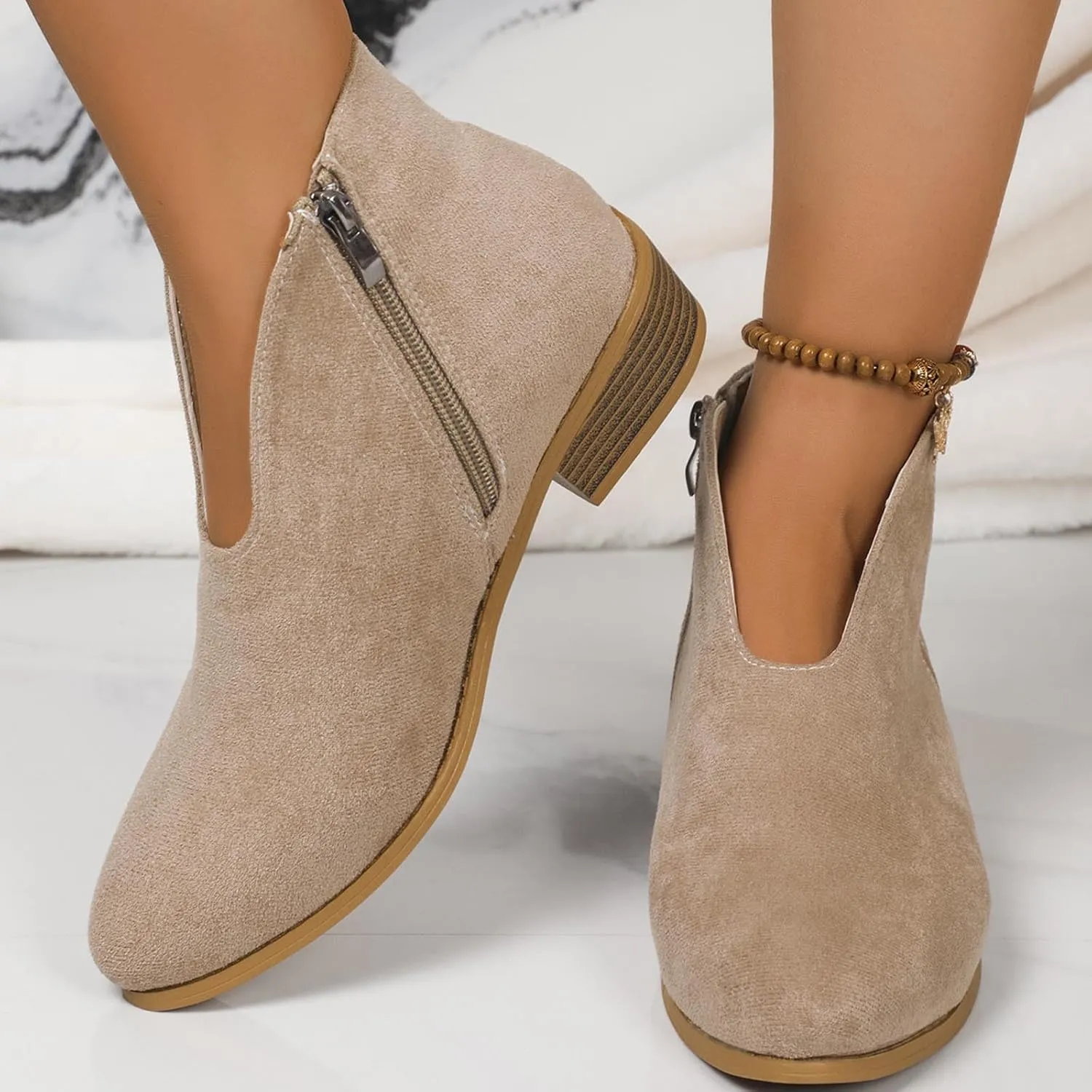 Women's Slip On Shoes Ankle Boots Fashion Solid Suede Front V Side Zipper Block Heel Round Toe Dress Sock Booties