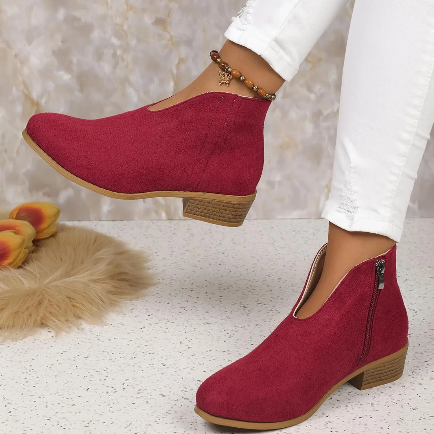 Women's Slip On Shoes Ankle Boots Fashion Solid Suede Front V Side Zipper Block Heel Round Toe Dress Sock Booties