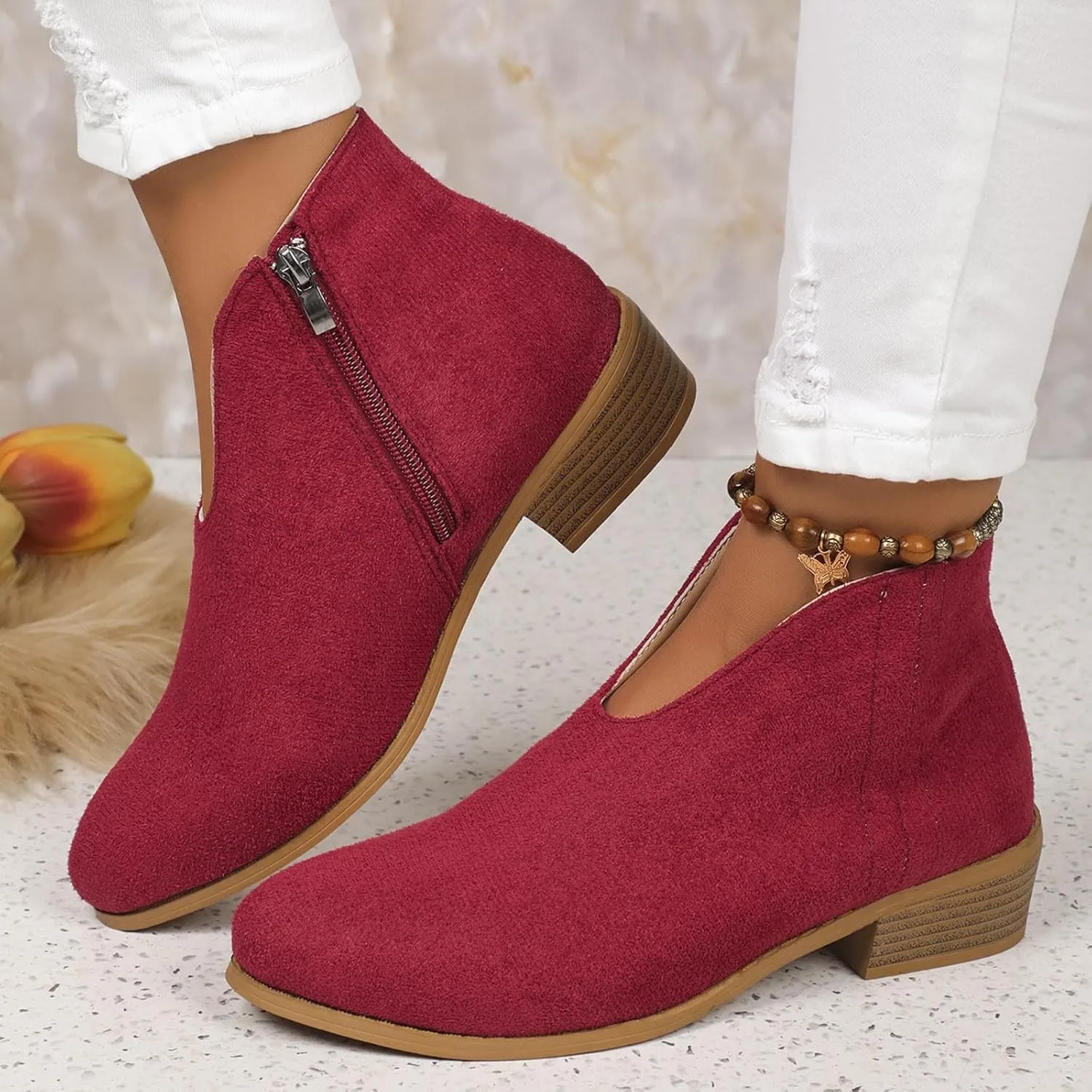 Women's Slip On Shoes Ankle Boots Fashion Solid Suede Front V Side Zipper Block Heel Round Toe Dress Sock Booties