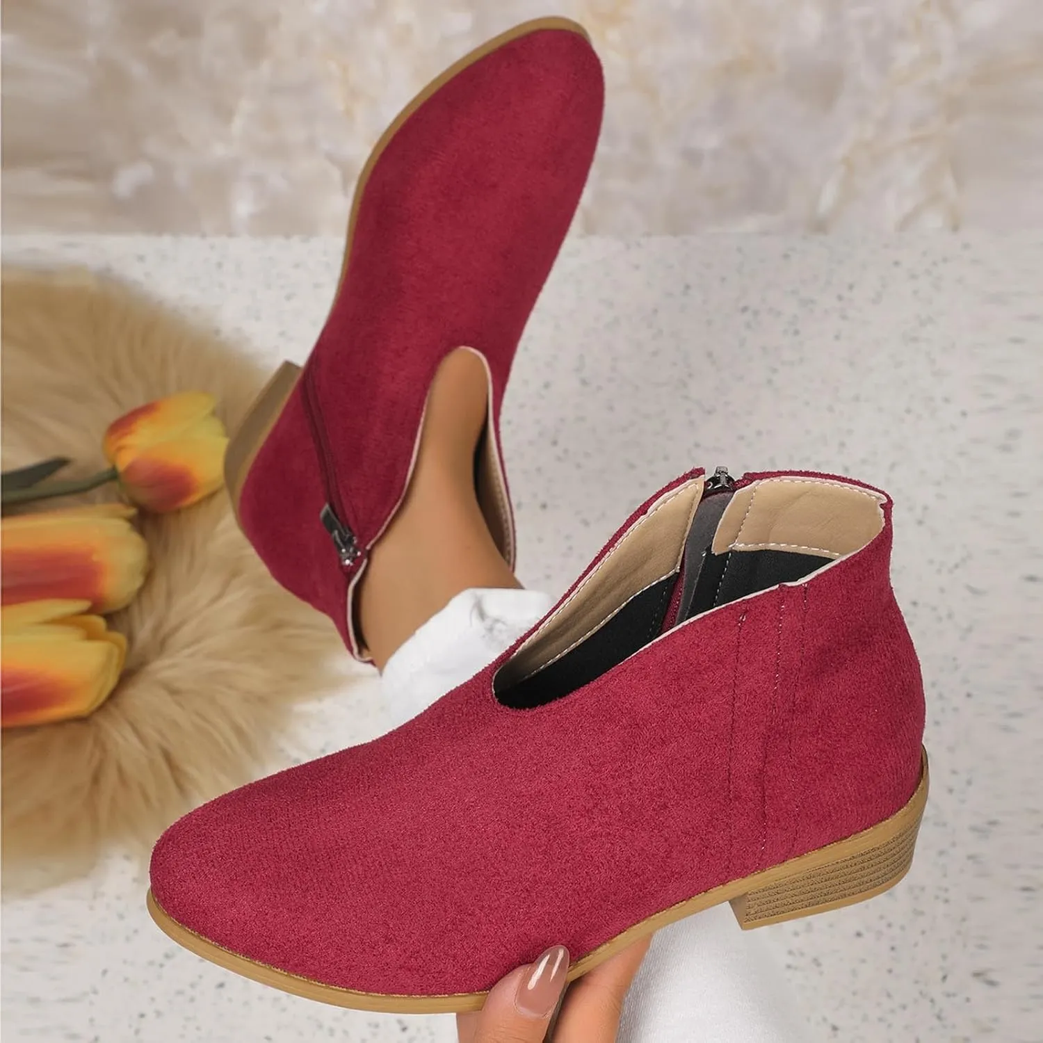 Women's Slip On Shoes Ankle Boots Fashion Solid Suede Front V Side Zipper Block Heel Round Toe Dress Sock Booties