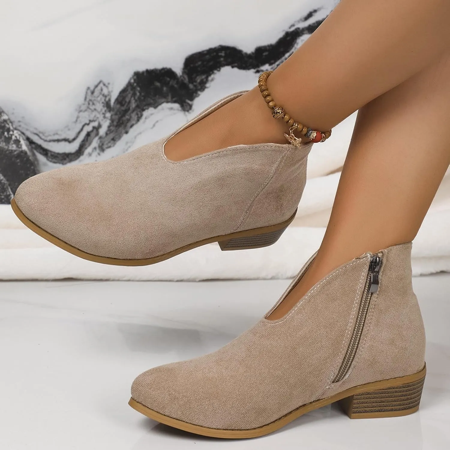 Women's Slip On Shoes Ankle Boots Fashion Solid Suede Front V Side Zipper Block Heel Round Toe Dress Sock Booties