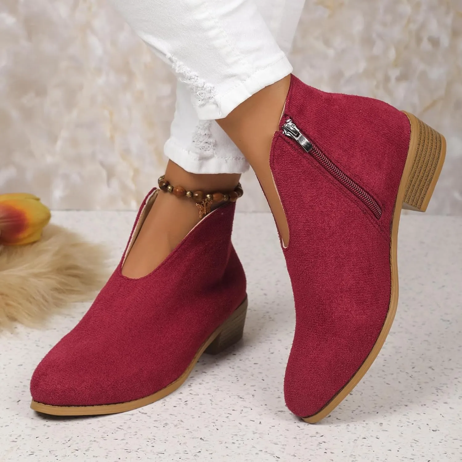 Women's Slip On Shoes Ankle Boots Fashion Solid Suede Front V Side Zipper Block Heel Round Toe Dress Sock Booties