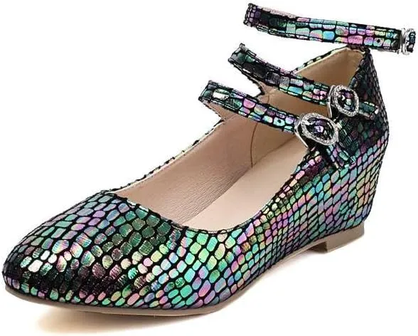 Women's Snake Glitter Buckle Strap Increased Internal Mary Janes Pumps