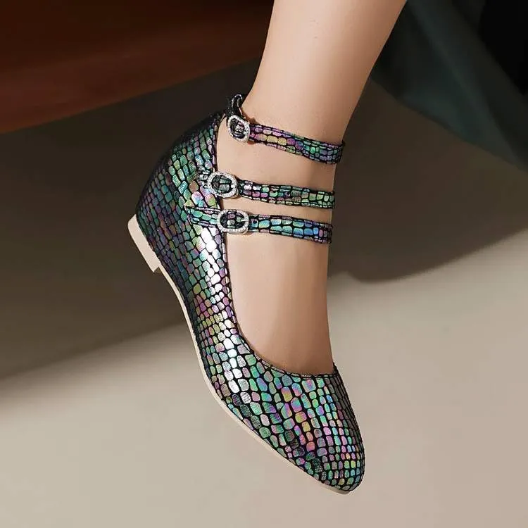 Women's Snake Glitter Buckle Strap Increased Internal Mary Janes Pumps