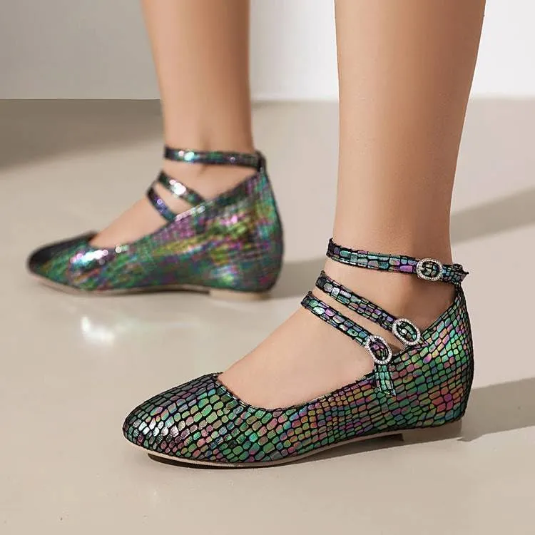 Women's Snake Glitter Buckle Strap Increased Internal Mary Janes Pumps