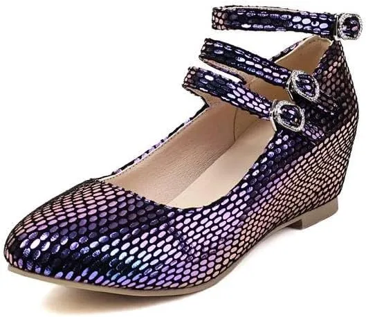 Women's Snake Glitter Buckle Strap Increased Internal Mary Janes Pumps