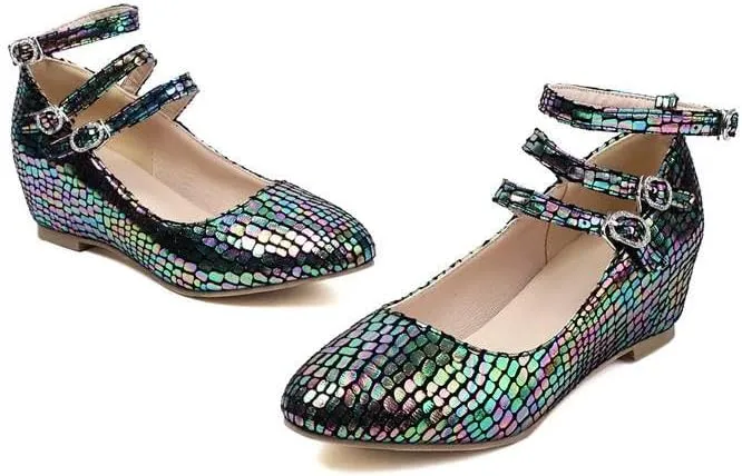 Women's Snake Glitter Buckle Strap Increased Internal Mary Janes Pumps