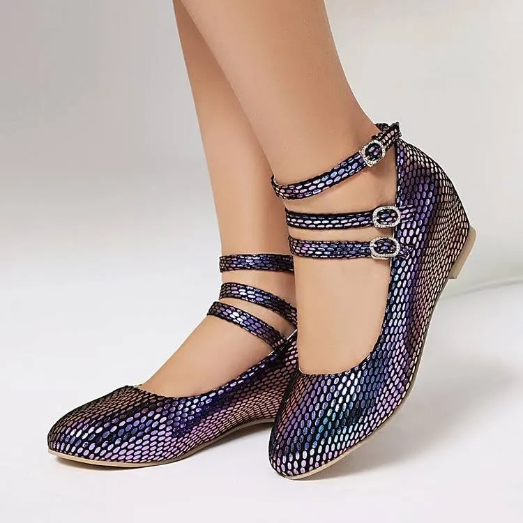 Women's Snake Glitter Buckle Strap Increased Internal Mary Janes Pumps