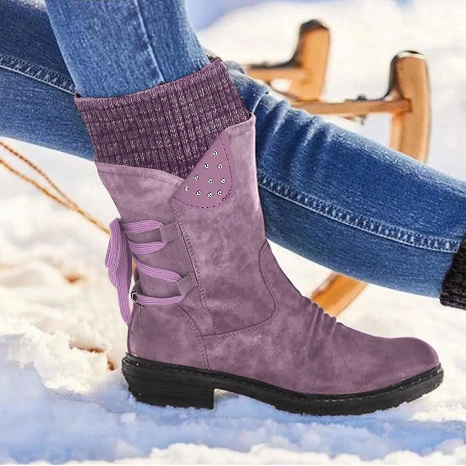 Womens Snow Boots Knit Calf Waterproof Winter Boots Non-slip Fuzzy Fur Booties Lightweight Slip on Ankle Boots Comfortable Winter Shoes Trekking Shoes