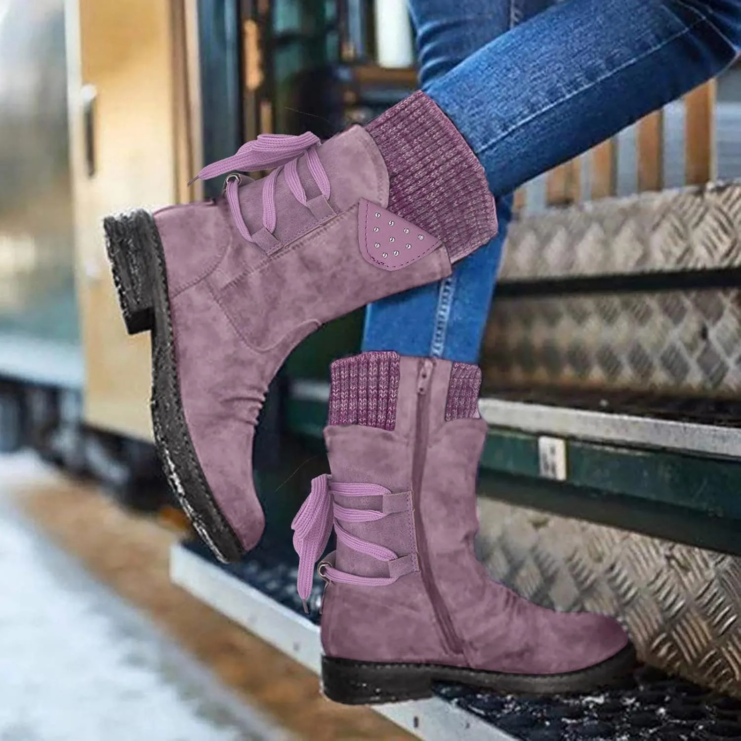 Womens Snow Boots Knit Calf Waterproof Winter Boots Non-slip Fuzzy Fur Booties Lightweight Slip on Ankle Boots Comfortable Winter Shoes Trekking Shoes