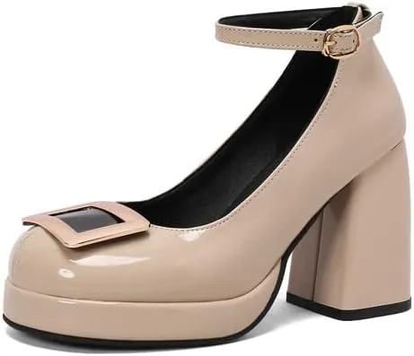 Women's Square Toe Ankle Strap High Heel Platform Pumps
