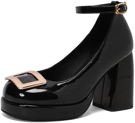Women's Square Toe Ankle Strap High Heel Platform Pumps