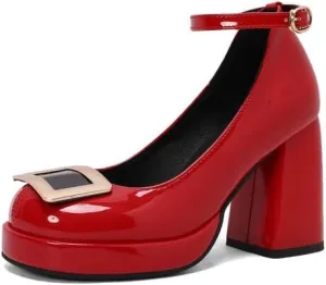 Women's Square Toe Ankle Strap High Heel Platform Pumps