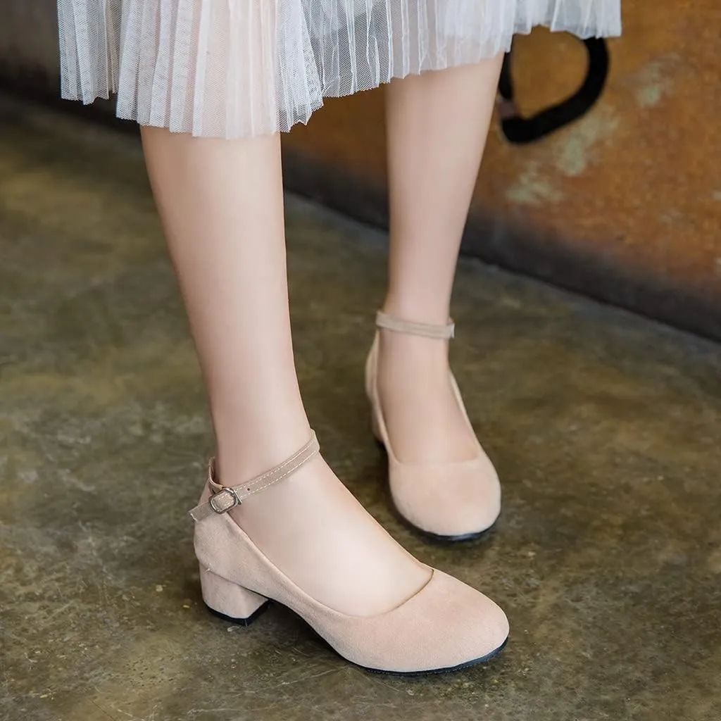 Women's Square Toe Chunky Mid Heel Pumps Suede Pearls Buckle Slip-On Comfort Work Office Dress Shoes