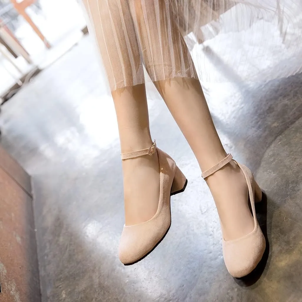 Women's Square Toe Chunky Mid Heel Pumps Suede Pearls Buckle Slip-On Comfort Work Office Dress Shoes